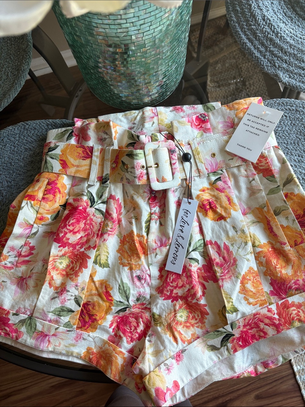 For Love And Lemons Floral High-Waist Paperbag Shorts in Pink, Orange & Cream